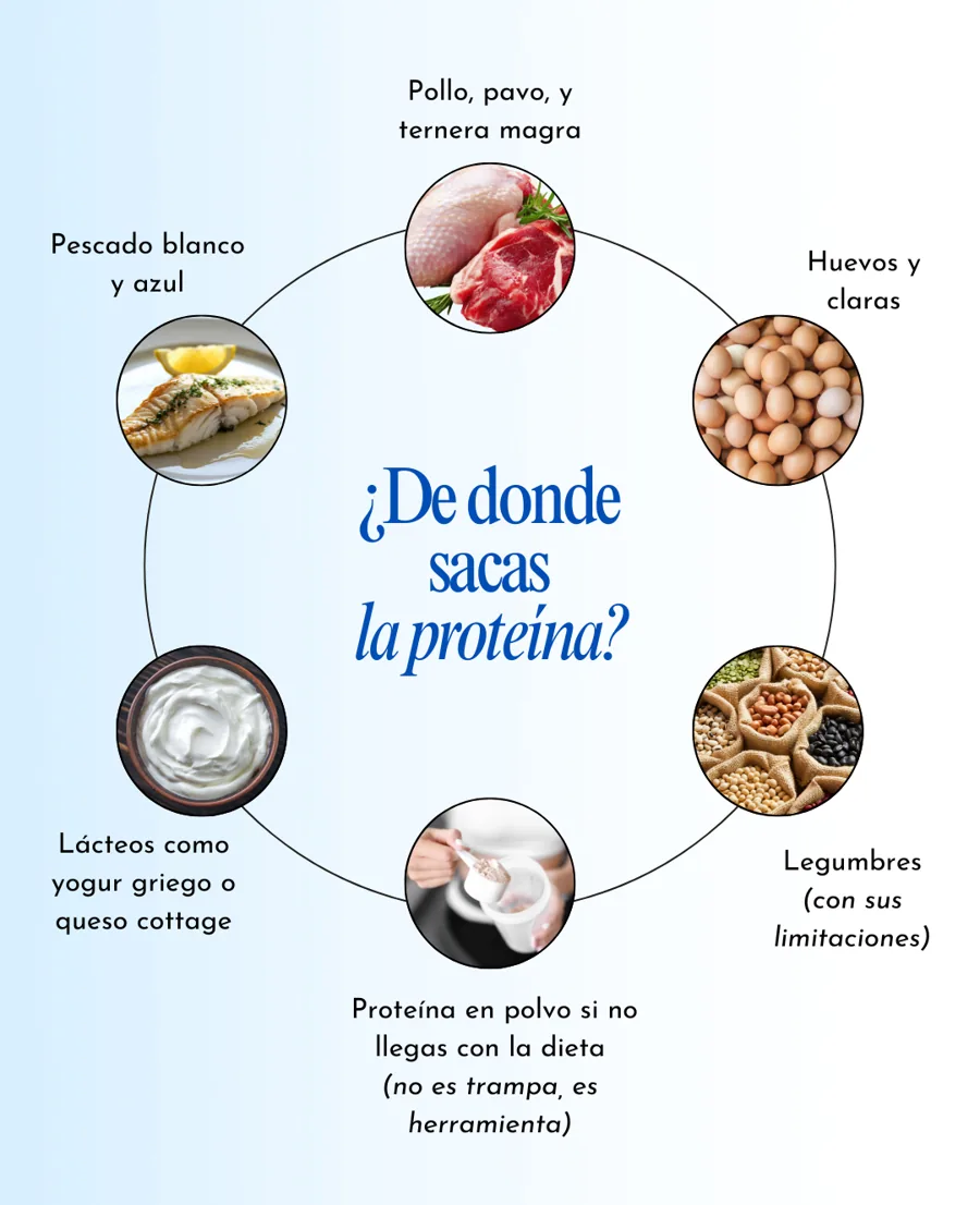 Infografía: carnes magras, huevos, legumbres, proteína en polvo, lácteos y pescado como fuentes de proteína