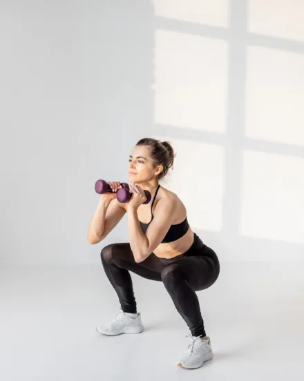 Mujer entrenando sentadilla con mancuerna